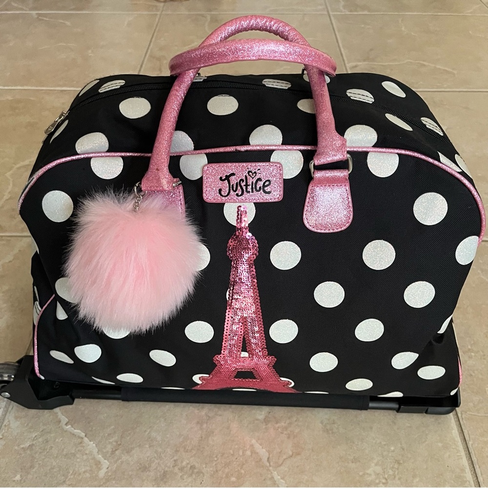 Roller Duffel Travel Bag Pink glimmer Eiffel Tower on Black, White Polka Dot